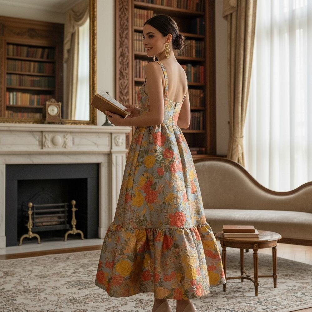 Mac Duggal Floral Brocade Maxi Dress in Coral, Yellow and Gray-Blue - Picture 4 of 8